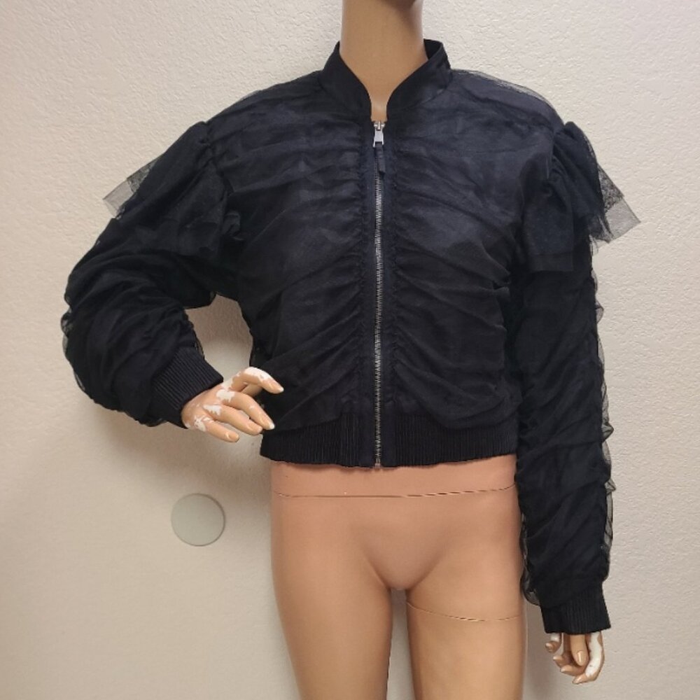 Black Women's Ruffled Bomber Jacket - Contemporary Style M NWT.